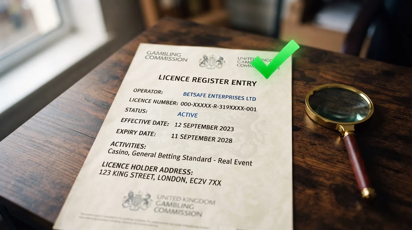 A close-up of a UK Gambling Commission licence certificate reference page with the Great Britain map watermark, a magnifying glass over the licence number, and a green checkmark overlay