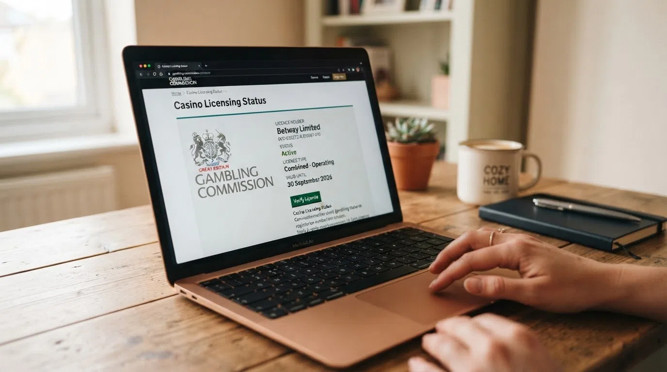 A close-up of a UK Gambling Commission licence badge displayed on a casino website footer, with the operator's licence number visible beside the Commission's official crest.