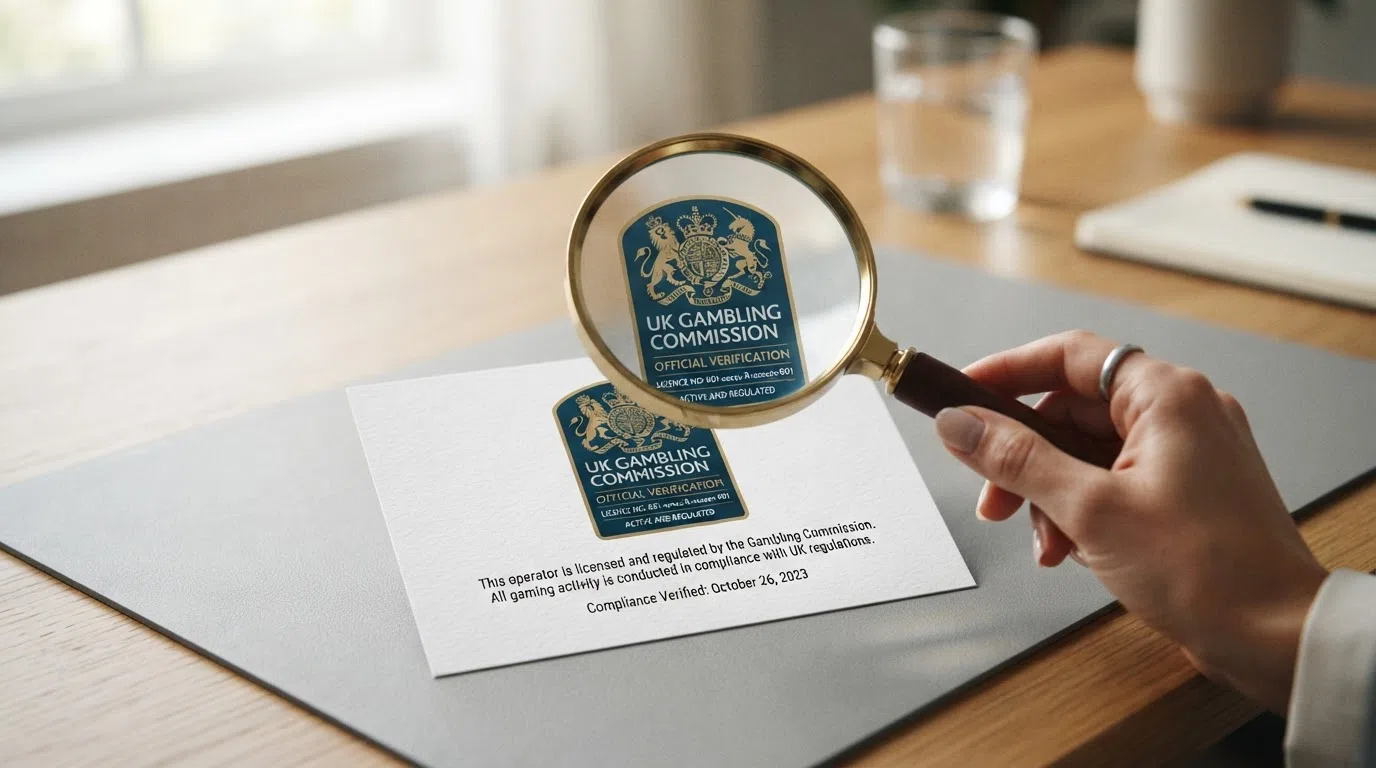 A UK Gambling Commission licence verification badge and the Commission's official logo on a white background