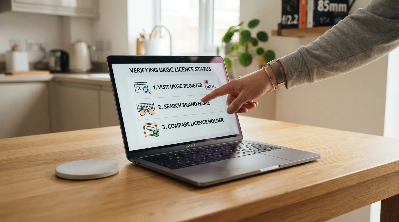 A simple three-step diagram: visit the UKGC public register, search the brand name, compare the licence holder name against the casino’s website footer