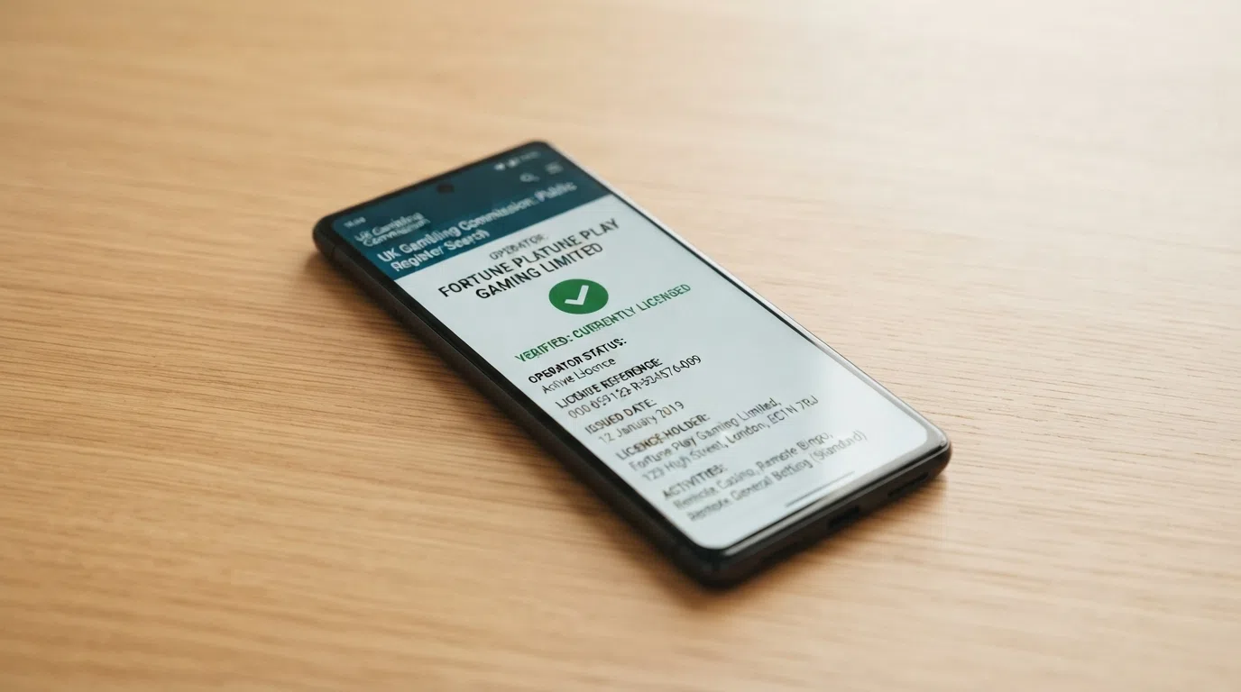 The Gambling Commission public register search interface with a casino operator's licence details displayed, showing active status and licence number
