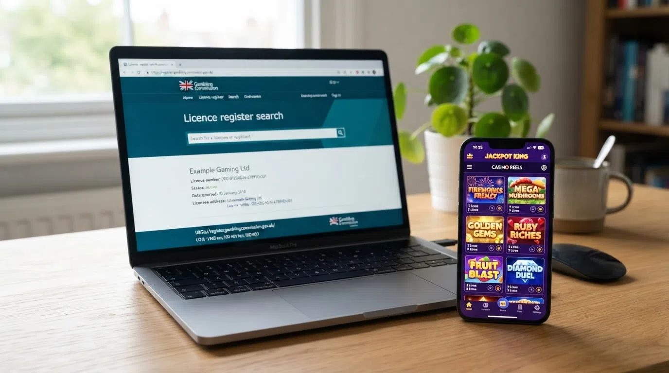 A screen showing the UK Gambling Commission licence-register search page beside a smartphone displaying a 3-reel slot game lobby