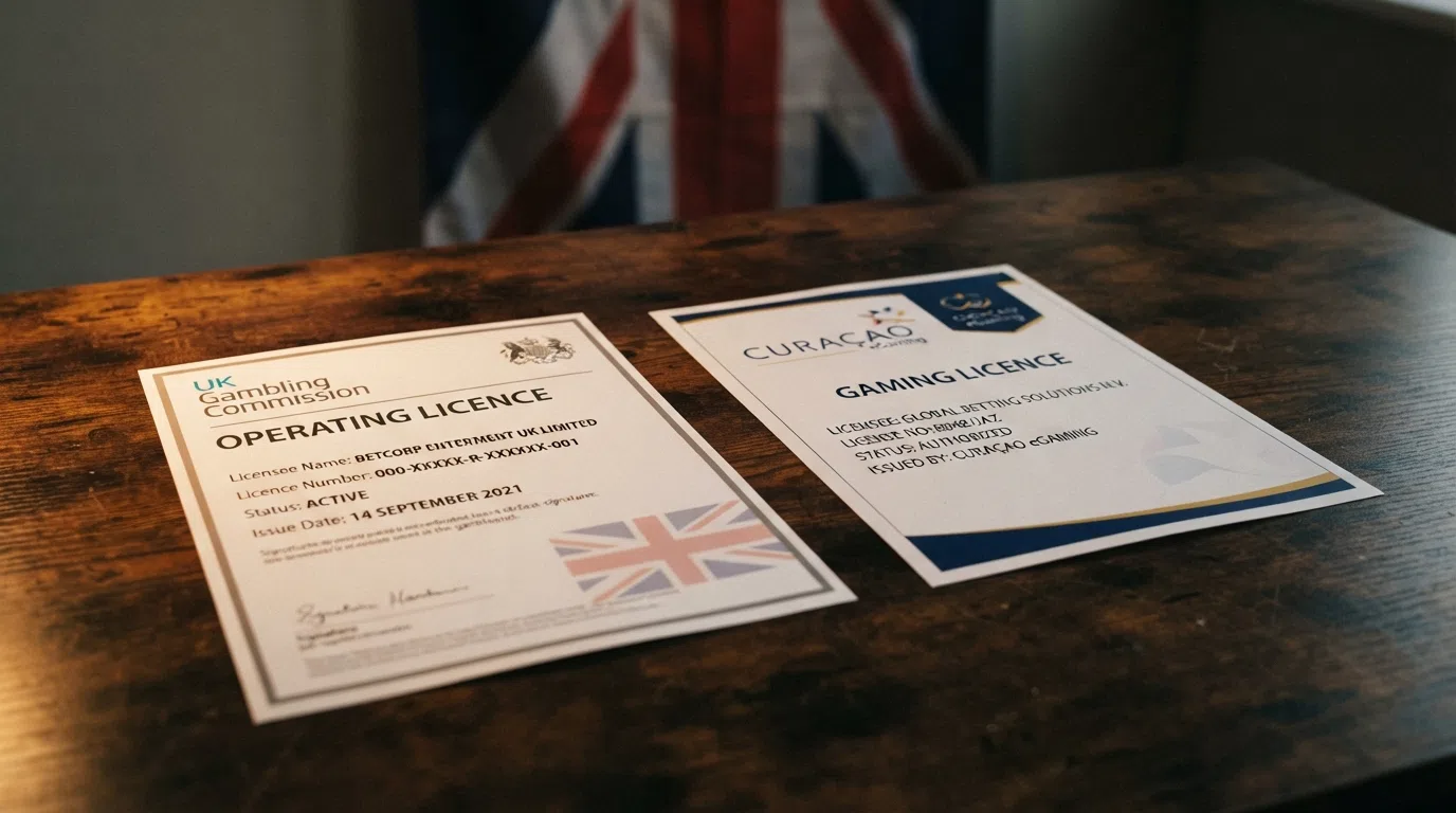 A split-composition image contrasting a UK Gambling Commission licence certificate with an offshore gaming licence document, overlaid with a muted Union Jack