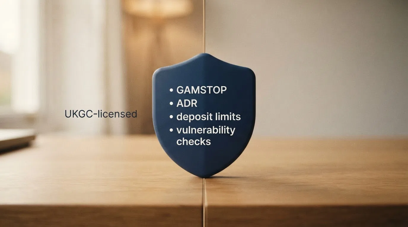A stylised UK Gambling Commission logo beside a shield icon listing the key player protections — GAMSTOP, ADR, deposit limits, vulnerability checks — with a dividing line separating “UKGC-licensed” from an empty “offshore” column