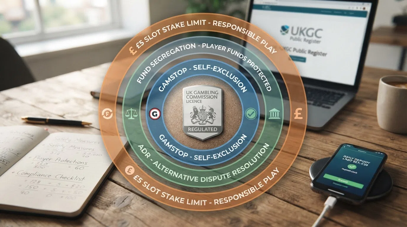 A diagram showing the layers of UK player protection: the UKGC licence shield at the centre, surrounded by GAMSTOP, ADR, fund segregation and the £5 slot cap as concentric rings