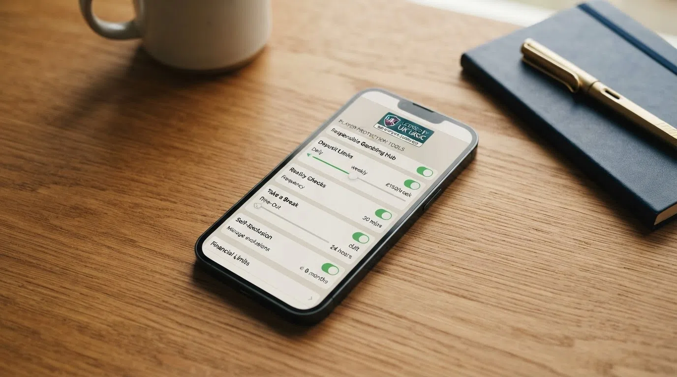 A close-up of a smartphone displaying a UK Gambling Commission licence badge and responsible-gambling tool settings including deposit limit and reality check toggles