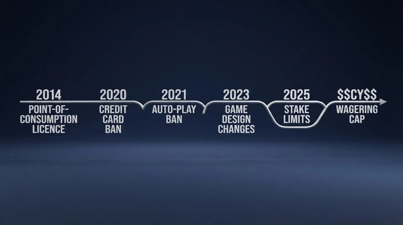 A timeline illustration showing key UK regulatory milestones: 2014 point-of-consumption licence, 2020 credit card ban and GAMSTOP mandate, 2021 auto-play ban, 2025 stake limits, 2026 wagering cap