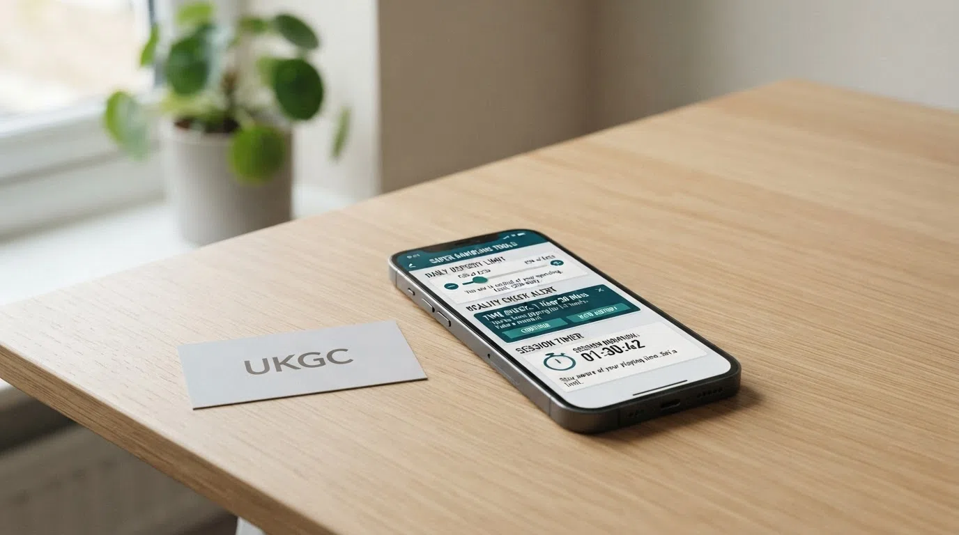 A UK Gambling Commission logo beside a smartphone screen showing in-session responsible-gambling tools — a deposit-limit slider, a reality-check alert and a session timer