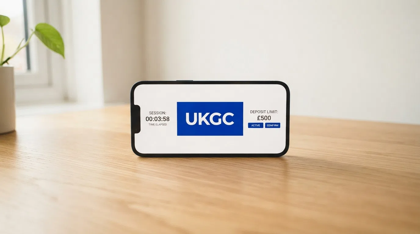 A UK Gambling Commission logo on a smartphone screen beside a slot game interface displaying an on-screen session timer and a deposit-limit prompt