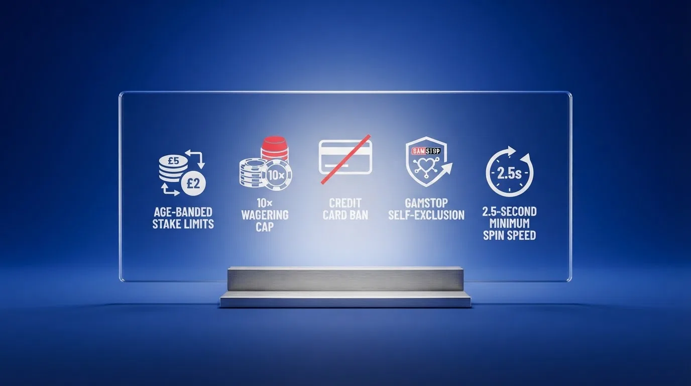An illustrated summary of the key player protections a UKGC licence guarantees, including stake limits, the wagering cap, GAMSTOP and the credit card ban