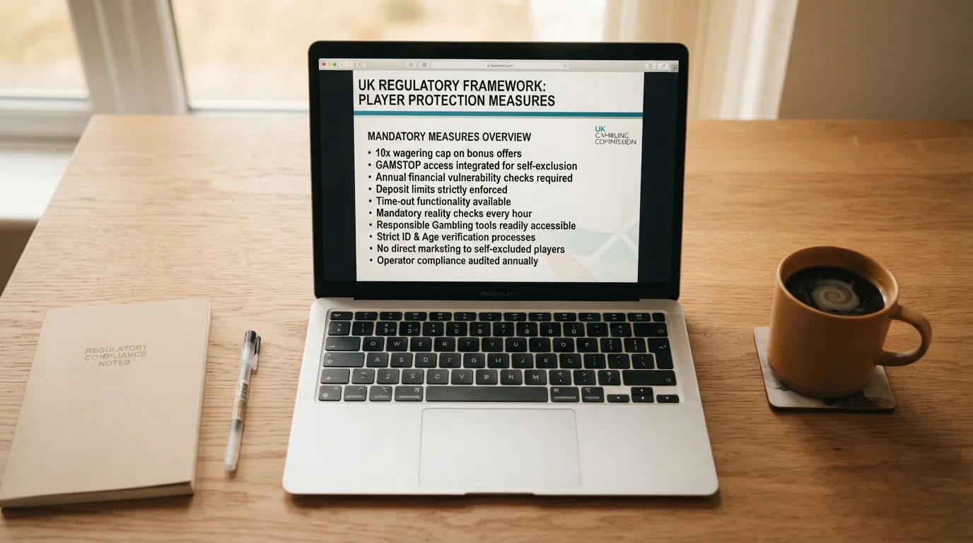 The UK Gambling Commission logo displayed on an official regulatory information page alongside a summary of player-protection measures