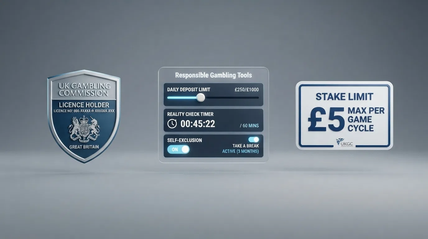 A visual summary of the UK player-protection framework — the UKGC licence badge, a responsible-gambling tools dashboard showing deposit-limit and reality-check prompts, and a stake-limit notice