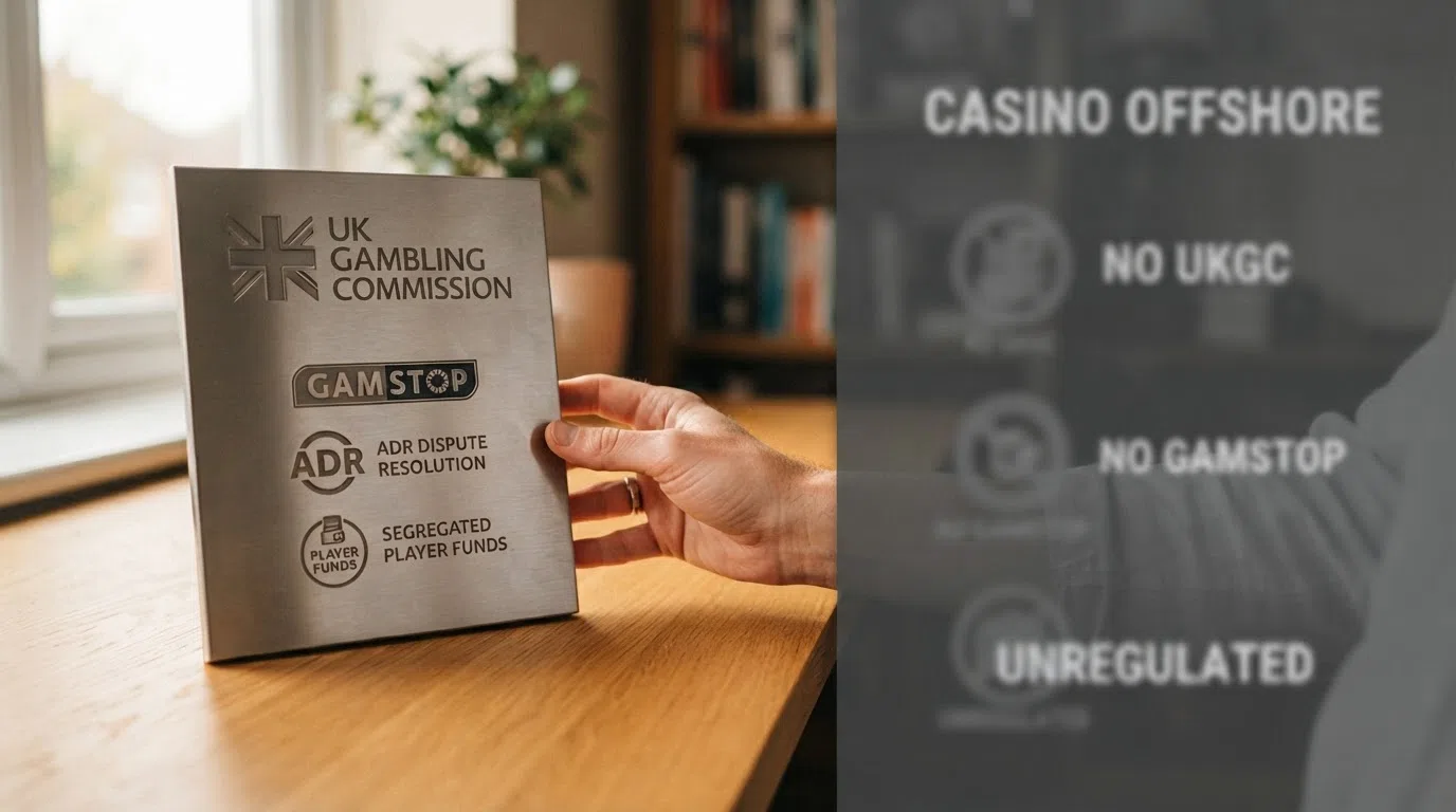 A split visual: on one side, the UKGC logo alongside icons for GAMSTOP, ADR dispute resolution, and segregated player funds; on the other, a blank or greyed-out panel representing the offshore casino with none of these protections