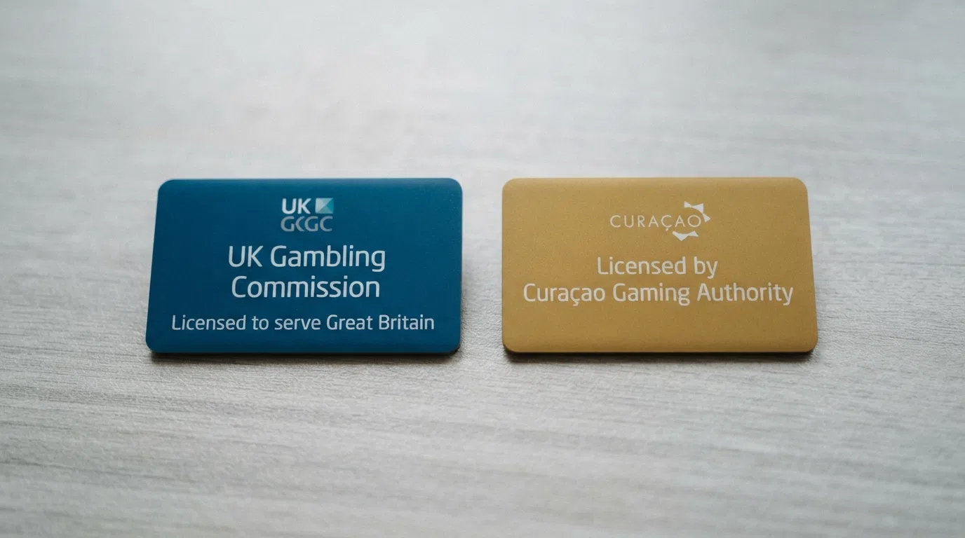 A UK Gambling Commission registration card lying beside a generic offshore licensed badge with a visible gap between them