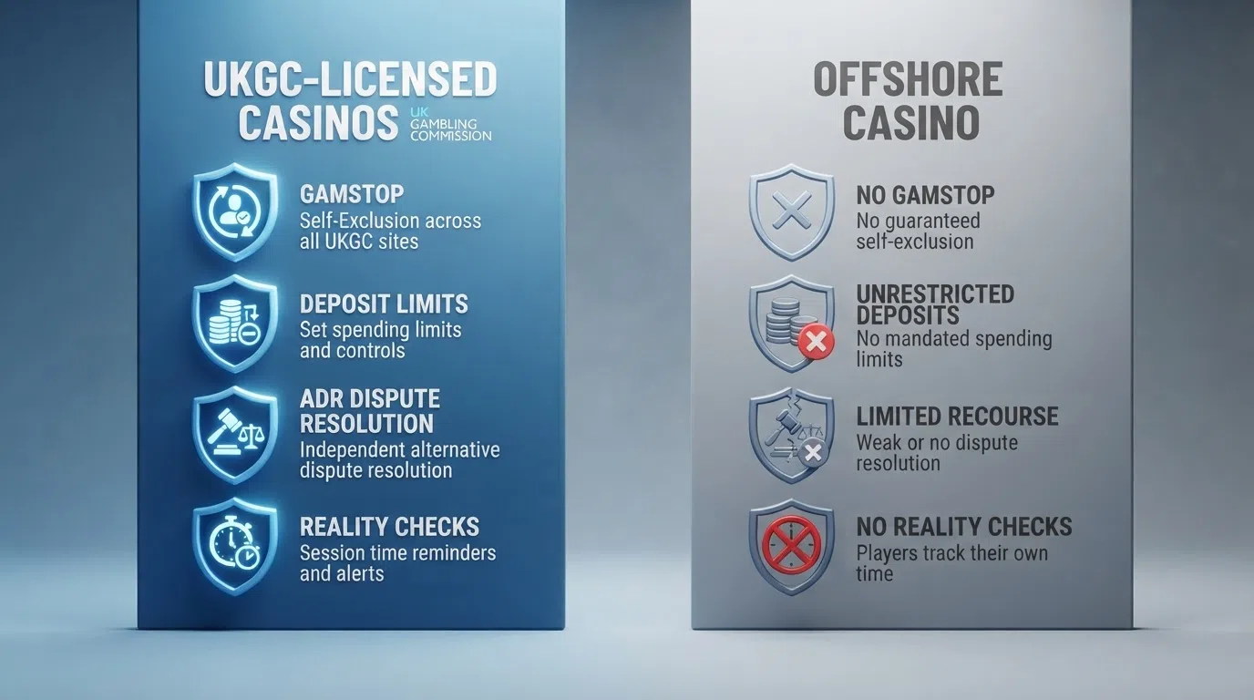 A two-column comparison visual: left side shows UKGC shield icons (GamStop, deposit limits, ADR), right side shows empty or crossed-out versions of the same icons labelled "Offshore Casino"