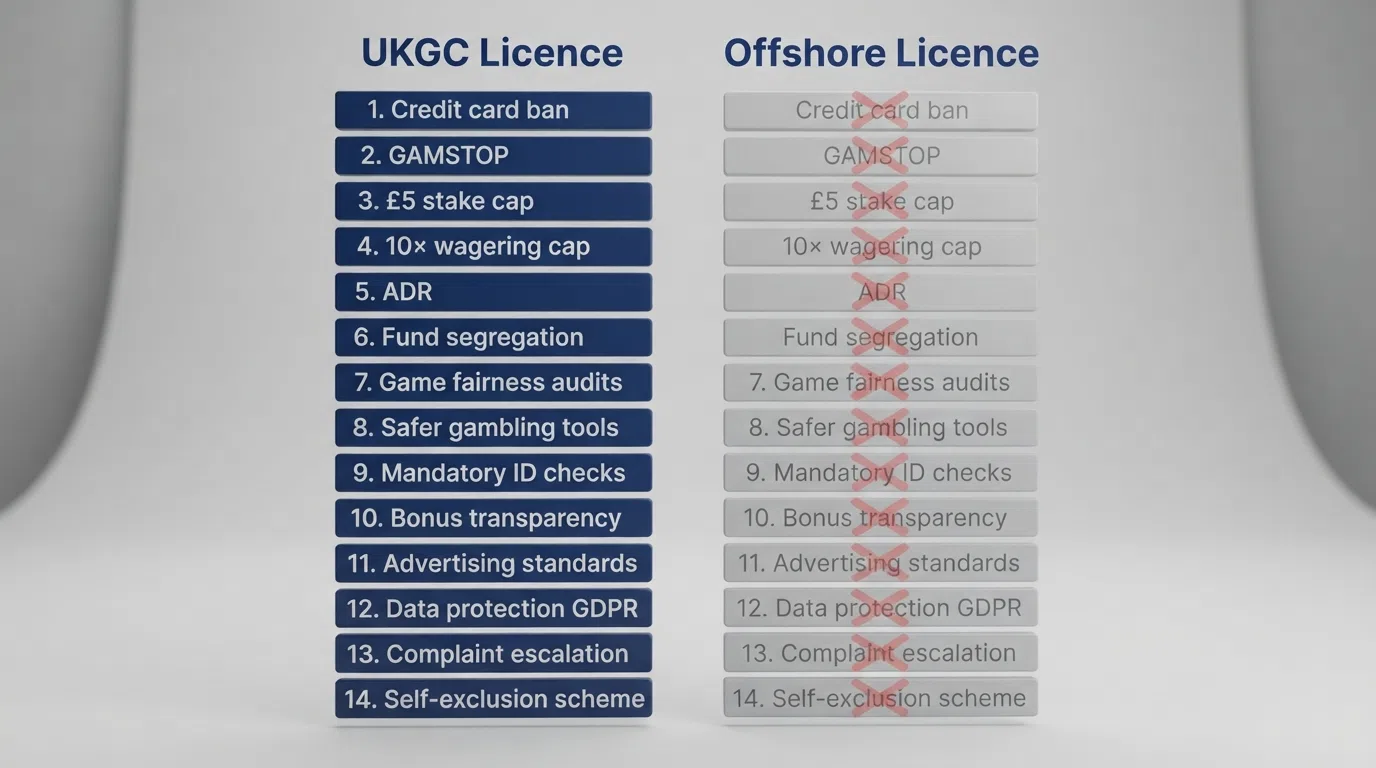 A side-by-side diagram with 14 labelled protection tiles on the left under a “UKGC Licence” header — credit card ban, GAMSTOP, £5 stake cap, 10× wagering cap, ADR, fund segregation, ID verification and seven more — and the same 14 tiles faded or marked with an X on the right under an “Offshore Licence” header