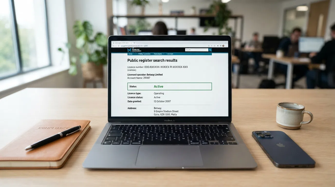A browser window displaying the Gambling Commission public register search page with an operator licence record shown, including the licence number, account name, status as “Active” and the activities covered