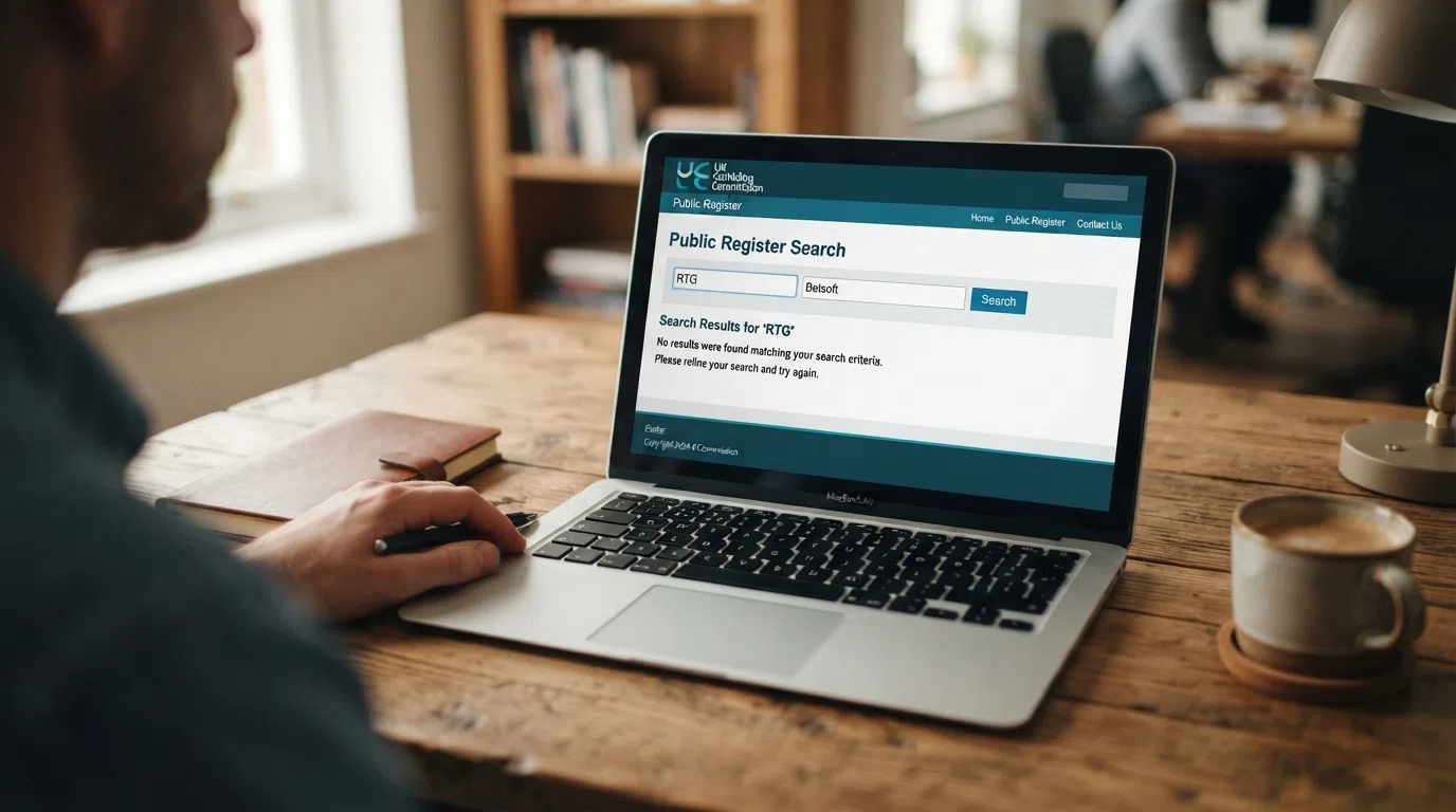 Screenshot of the UK Gambling Commission public register search interface with the search field visible and a no-results display for an RTG-related query
