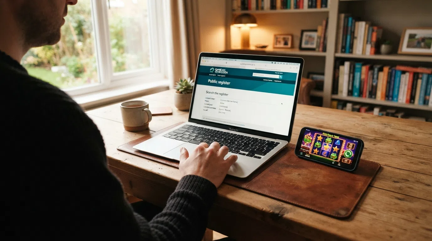 The Gambling Commission public register webpage displayed on a laptop screen beside a smartphone showing a BGaming slot in play