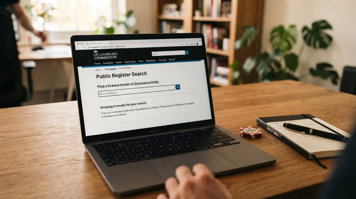 A screen displaying the UK Gambling Commission public register search interface with no matching results for a crypto casino brand name