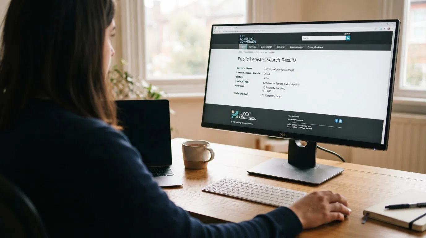 A search result on the Gambling Commission public register website showing an operator's active licence status, account number and legal entity name