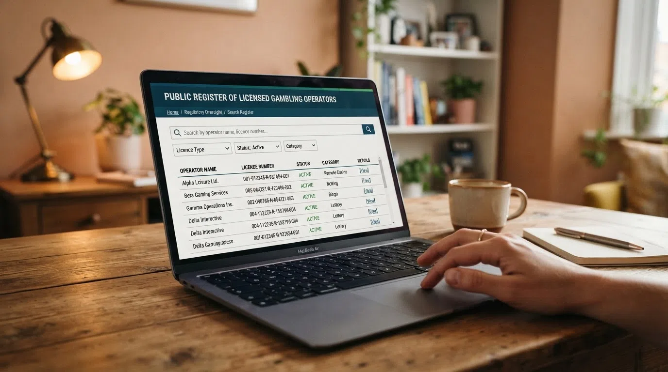 A close-up of a laptop screen displaying the UK Gambling Commission public register search interface with a licence holder's name, account number and active status visible
