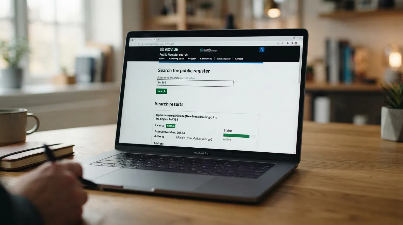 A close-up of a laptop screen showing the UK Gambling Commission public register search interface with an operator name typed into the search bar and a “Licence: Active” result visible below.