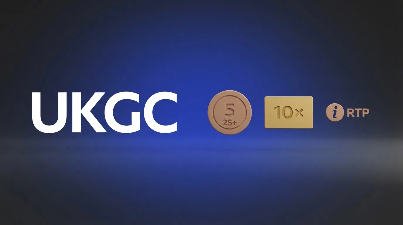 A stylised Gambling Commission logo alongside icons representing the £5 stake cap, the 10× wagering limit and the in-game RTP display requirement