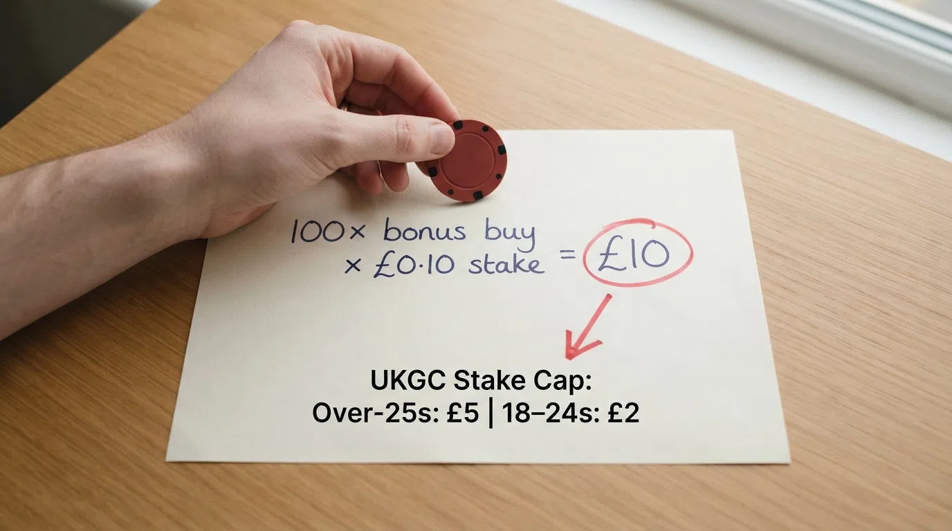 A simplified visual breaking down the arithmetic: a 100x bonus buy at £0.10 base stake equals £10, shown crossing both the £5 cap for over-25s and the £2 cap for 18-to-24-year-olds