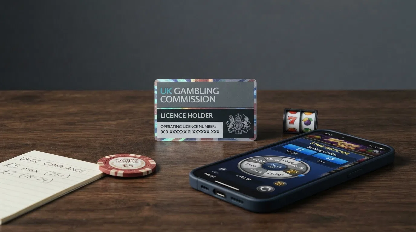 A UK Gambling Commission licence badge beside a screenshot of a slot stake selector showing the £5 and £2 limit options