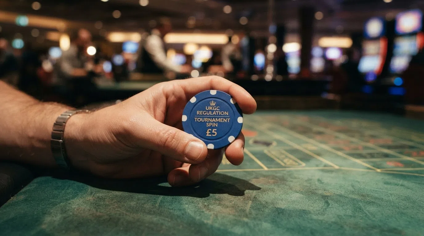 A simplified diagram of the four UKGC game-design rules that shape every tournament spin — stake cap, spin-speed floor, auto-play ban and losses-disguised-as-wins ban — with the Gambling Act 2005 cited beneath