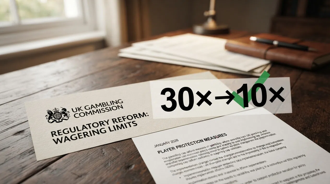A close-up of a UK Gambling Commission document header beside a simplified visual showing “30× → 10×” in large type, with a January 2026 calendar page underneath and a green tick over the number ten.