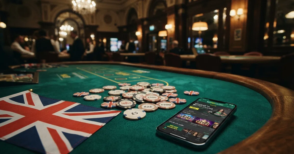 A green casino table scattered with poker chips in US dollar denominations, a Union Jack flag folded in the foreground beside a smartphone showing a casino lobby