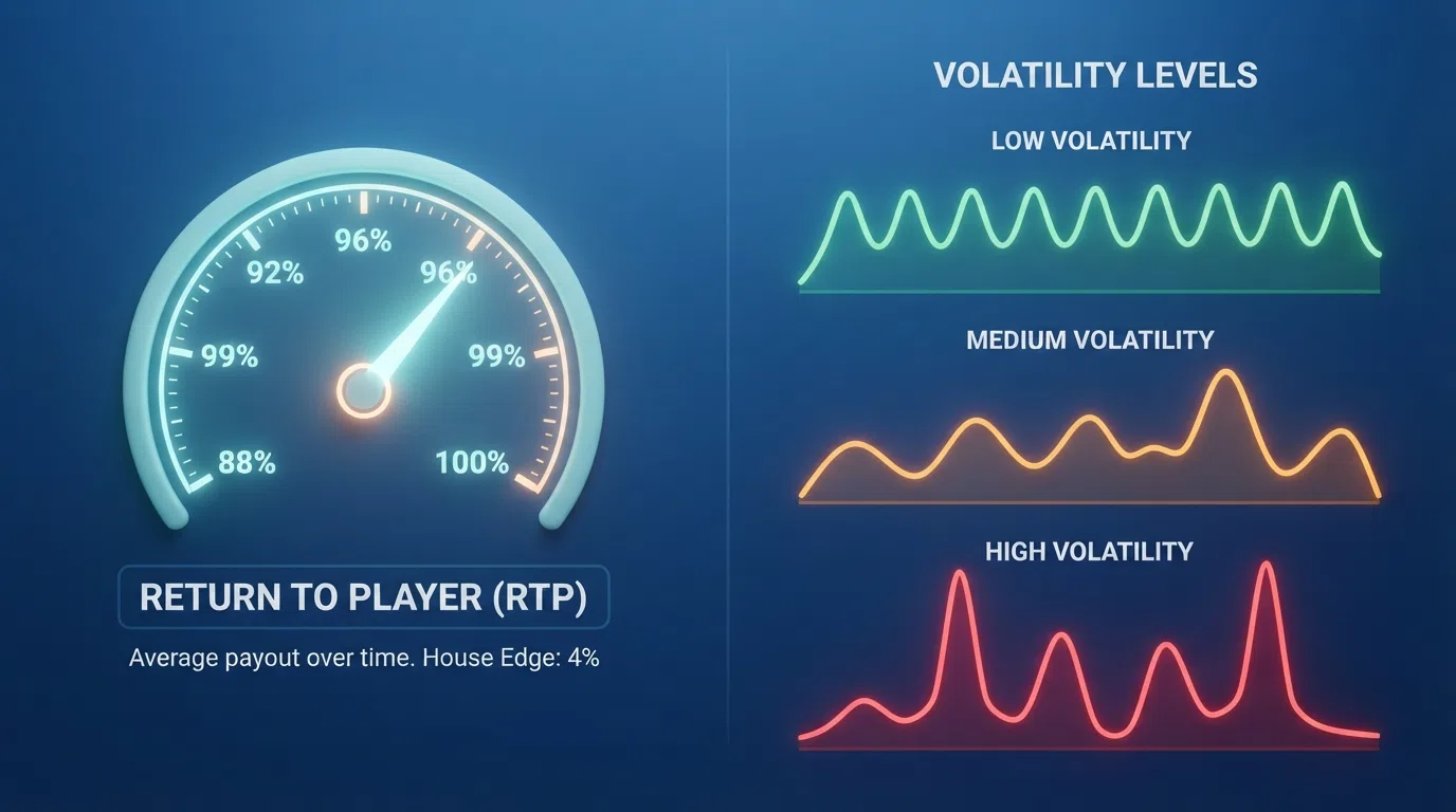 A split-screen visual: on the left, a simplified RTP gauge showing 96% with a label explaining that the house keeps 4% of every pound over the long run; on the right, three volatility graphs — low (steady small peaks), medium and high (rare tall spikes)