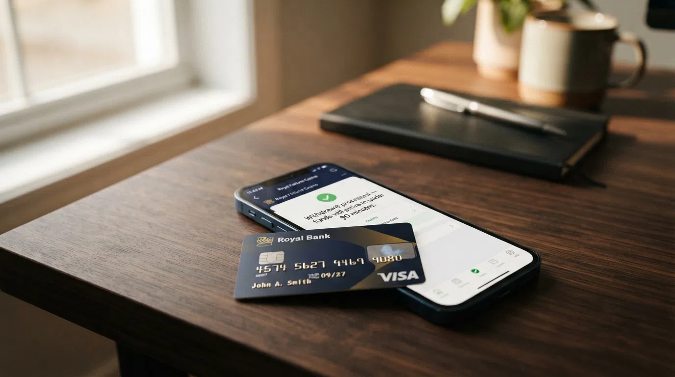A Visa debit card resting on a smartphone that displays a casino withdrawal confirmation screen with a processing time of under 90 minutes