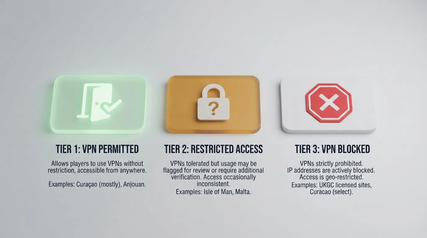 A simple visual key showing three VPN-policy tiers — a green open-door icon, an amber neutral icon, and a red stop icon — arranged as a legend