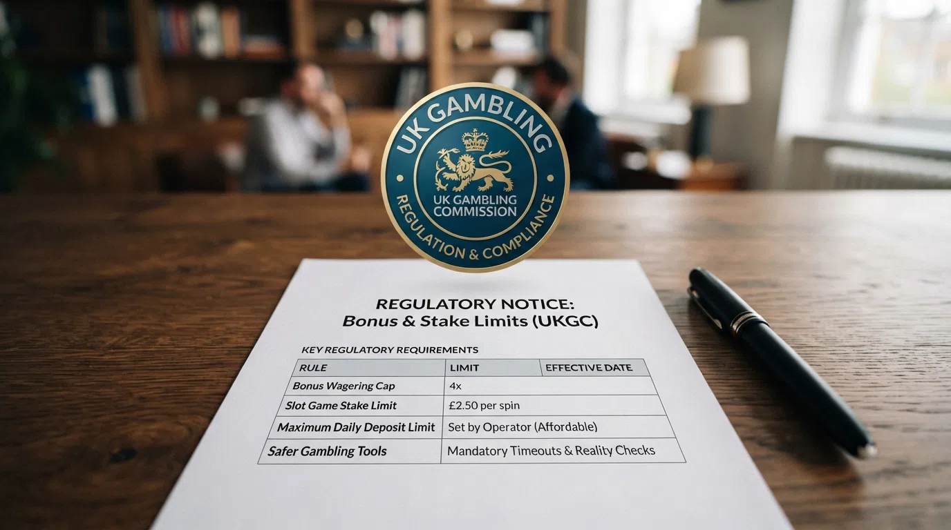 The UK Gambling Commission seal above a document listing bonus and stake limits