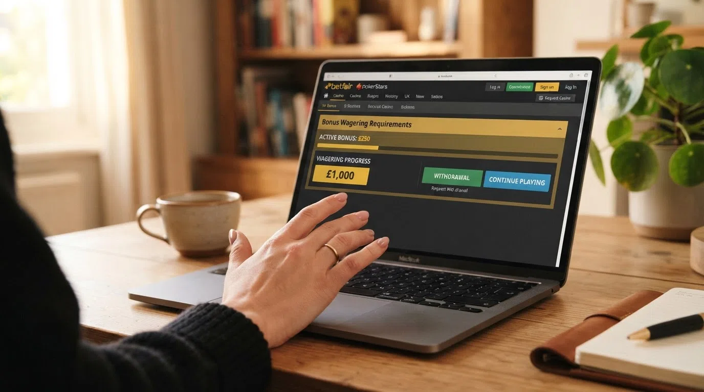 A UK casino bonus-terms panel with the wagering-requirement figure and the withdrawal button side by side, the turnover amount highlighted