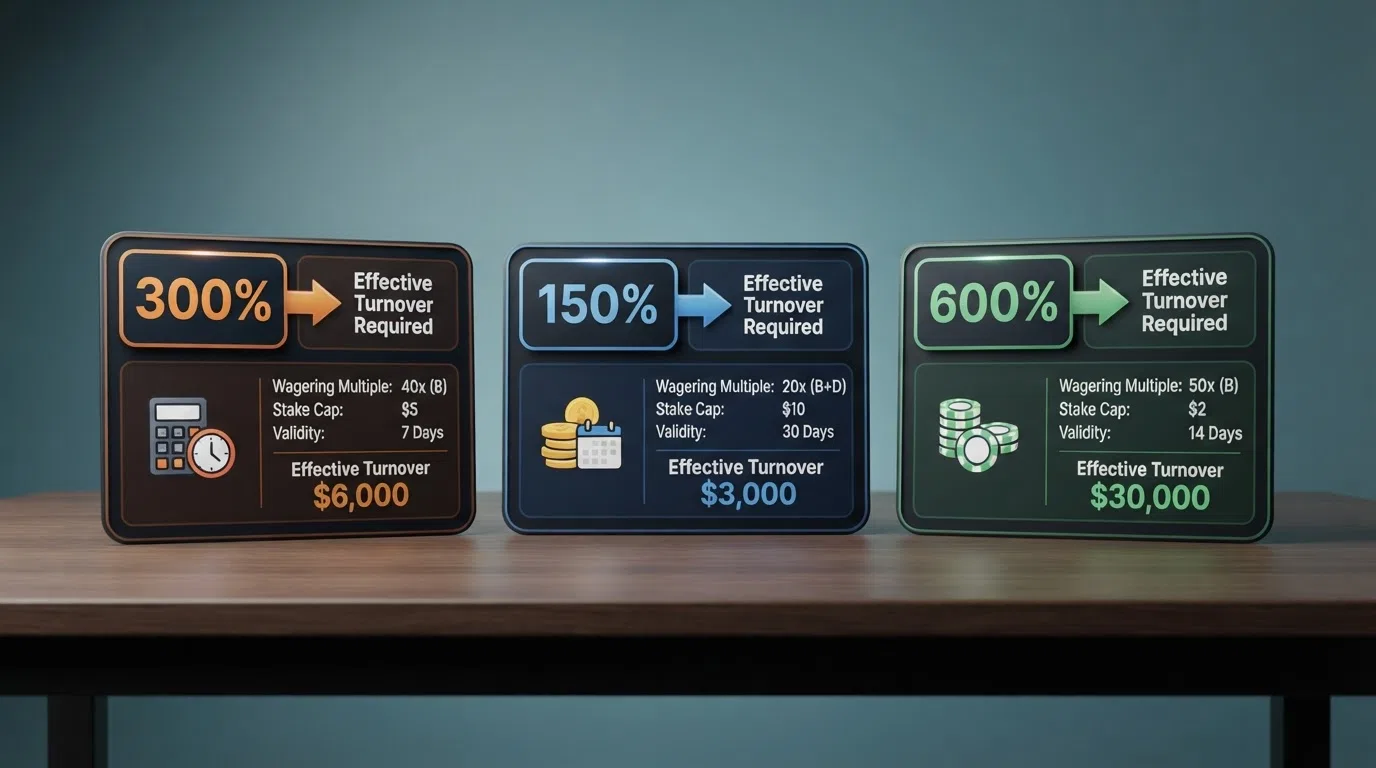A visual comparison of three bonus offers side by side, each showing the headline percentage (300%, 150%, 600%) connected by an arrow to the effective turnover required after applying the wagering multiple, stake cap and validity window