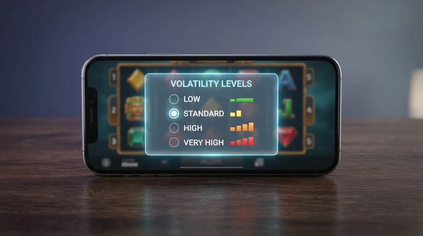 A close-up of Wazdan's Volatility Levels selector overlay on a slot screen, showing the Low, Standard, High and Very High options a player can toggle