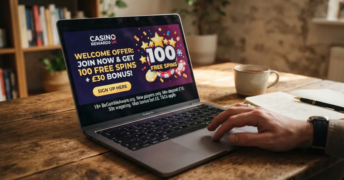 A UK online casino welcome-offer landing page on a laptop screen, with a free-spins promotion badge and a GambleAware footer visible