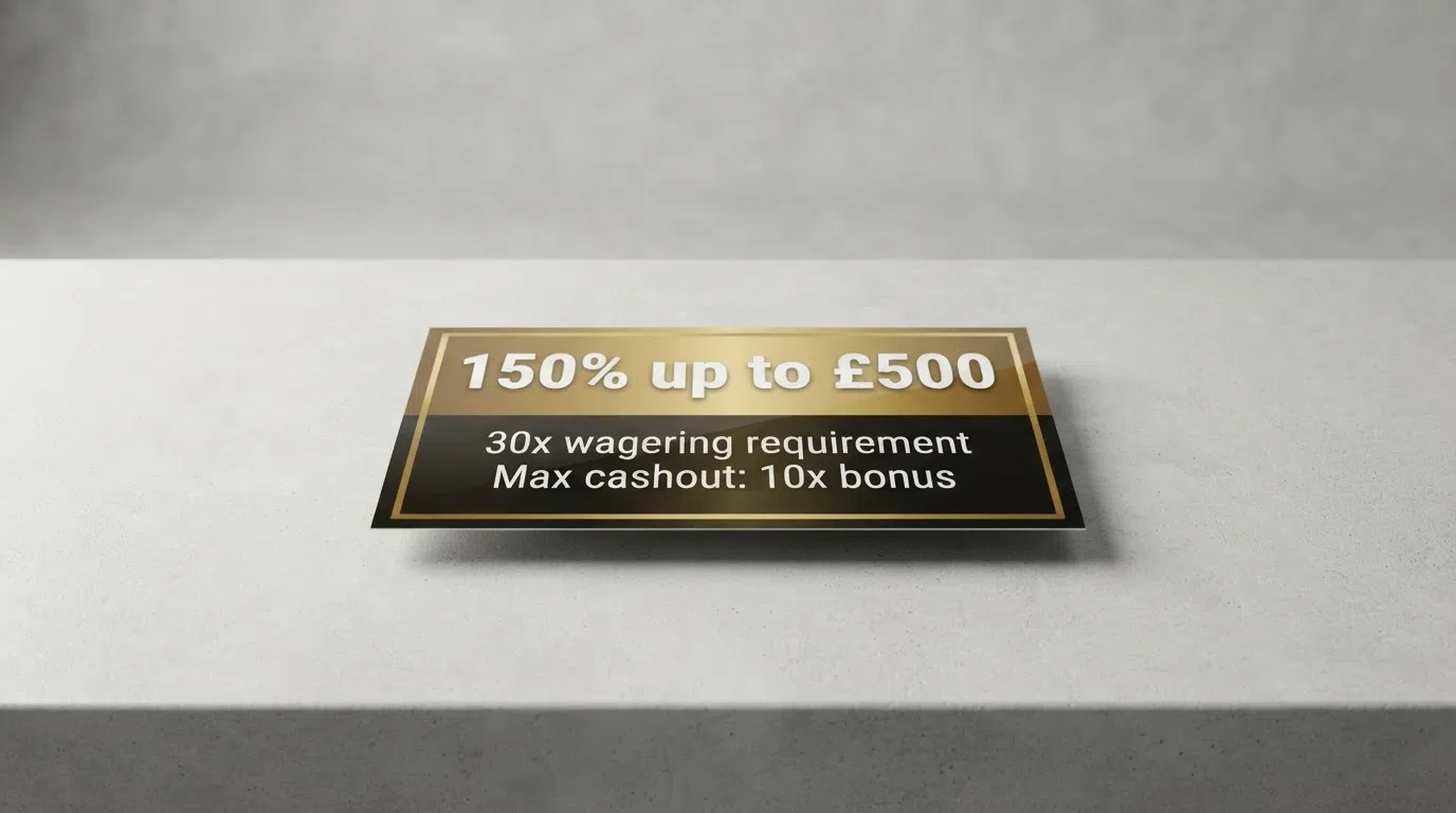 A casino welcome bonus banner reading 150% up to £500 with smaller print underneath showing a 30x wagering requirement