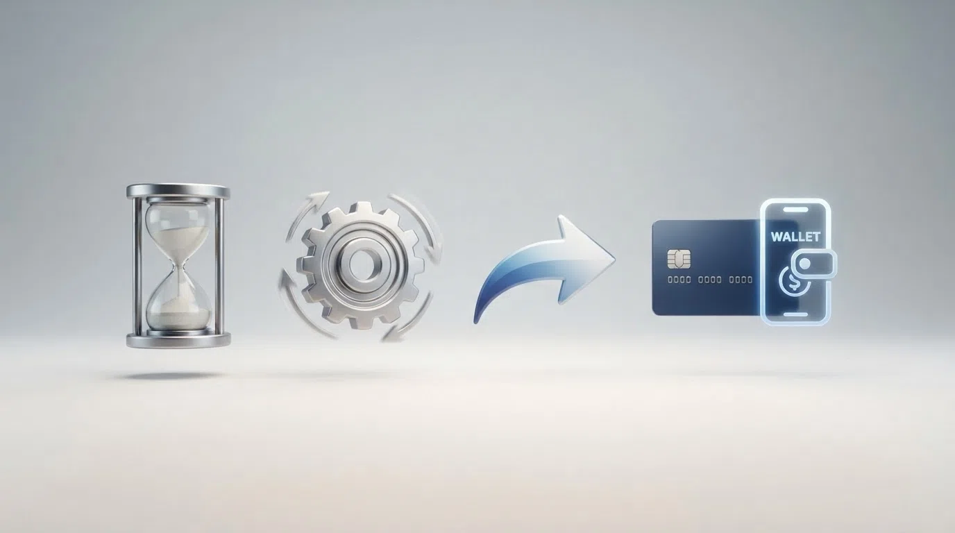 A simplified three-step diagram showing the withdrawal flow: a pending-hourglass icon, a processing-gear icon, and a payment-rail arrow pointing to a bank card and a PayPal logo.