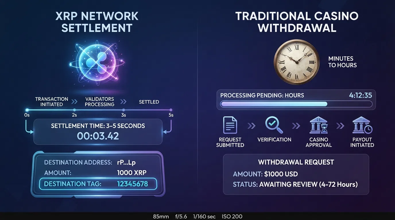 A visual comparison showing XRP network settlement at 3–5 seconds against a typical casino withdrawal timeline of minutes to hours, with a destination-tag field highlighted
