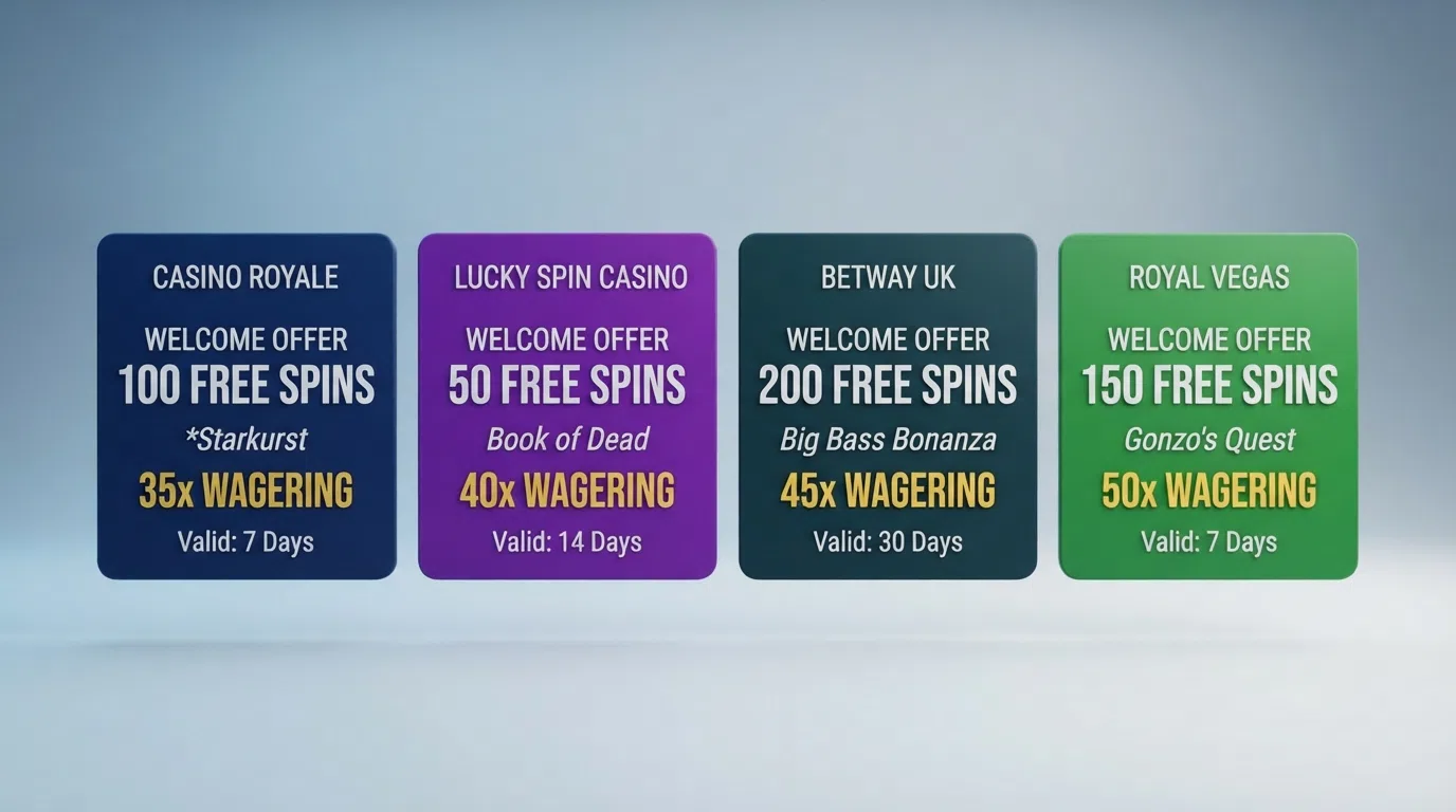 A side-by-side comparison visual of welcome-offer cards from the featured casinos, with free-spin counts and wagering figures highlighted